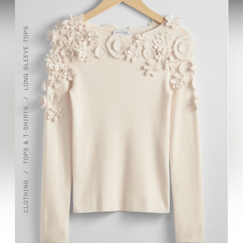 & Other Stories Floral Appliqué Wool & Cotton Long Sleeve Sweater Small